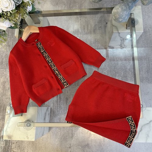 Fendi Girls Red Dress Set With Embroidered Logo & Knit Ribbon 