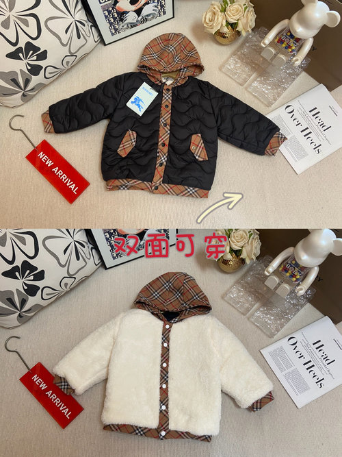 Burberry Reversible Hooded Thick Quilted Coat Black White Faux Fur Kids