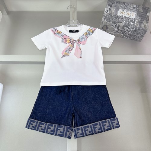 Fendi Girls Cotton Kids Set with Classic Pattern, Comfortable & Stylish 