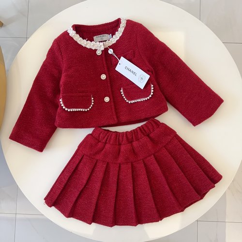 Chanel Girls High-End Tweed Padded Coat & Pleated Fleece-Lined Skirt Set