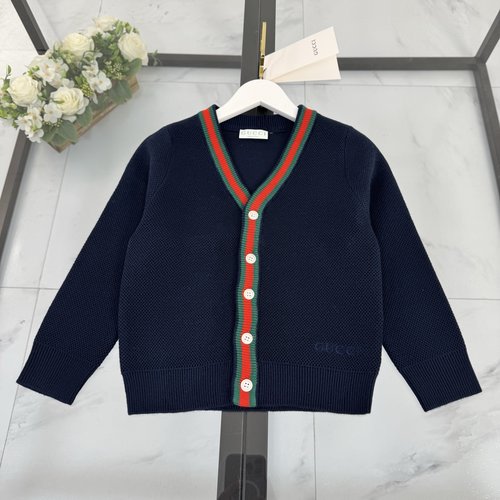 Gucci Kids V-Neck White Cotton Cardigan with Green Red Webbing 