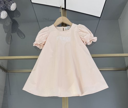 Fendi Girls Dress with Letter Embroidery & Lantern Sleeves, Comfortable & Stylish