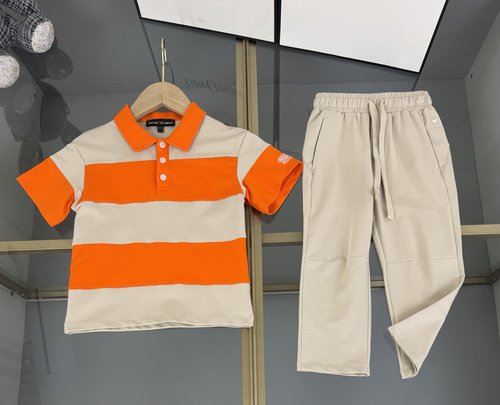 Armani Unisex Striped Contrast Cotton Kids Set with Sleeve Letter Embroidery 