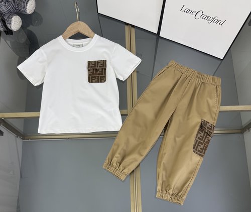 Fendi Kids Unisex Cotton Set with FF Patch Pocket & Woven Pants