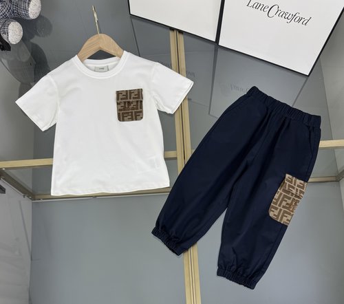 Fendi Kids Premium Cotton 2-Piece Set with FF Pocket & Woven Pants