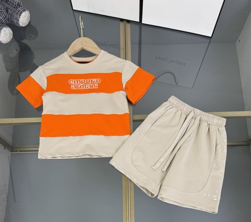 Armani Kids Striped Color-Block Cotton Set with Letter Embroidery