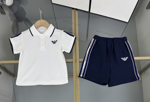 Armani Unisex Kids Premium Cotton Set with Striped Collar & Logo Embroidery