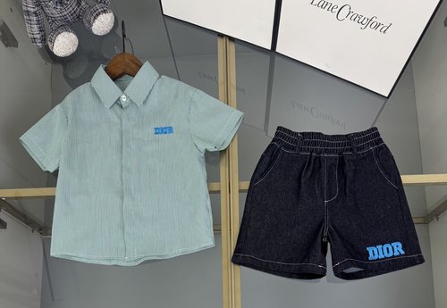 Dior Kids Striped Cotton Shirt & Denim Shorts Set