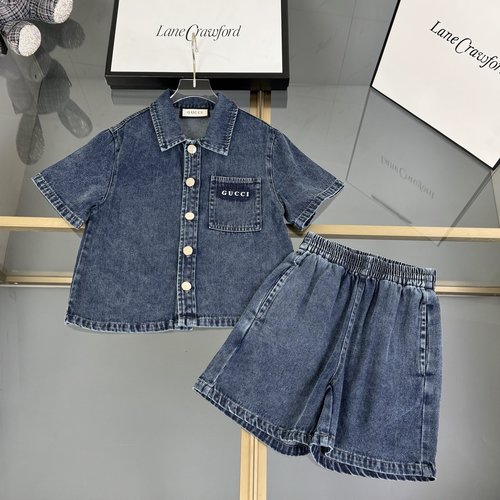 Gucci Kids Washed Denim Set with Patch Pockets & Embroidery