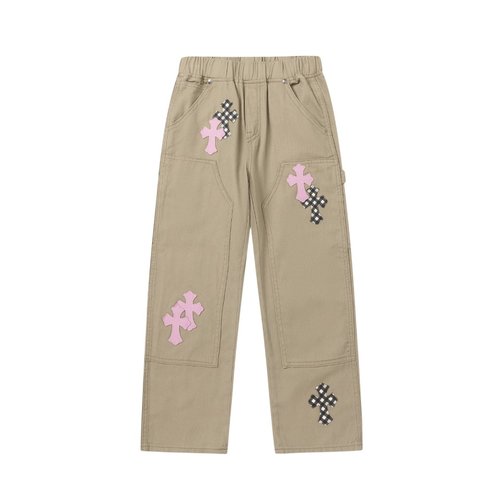 Chrome Hearts Kids Cargo Work Pants with Checkered Cross Leather & Silver Accents