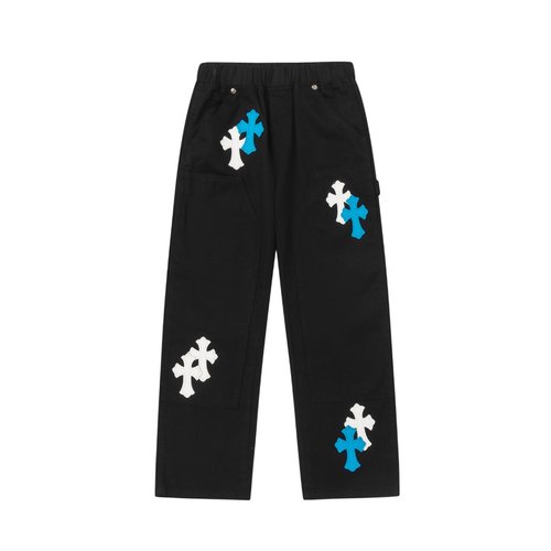 Chrome Hearts Kids Blue-White Cross Leather Patch Cargo Pants