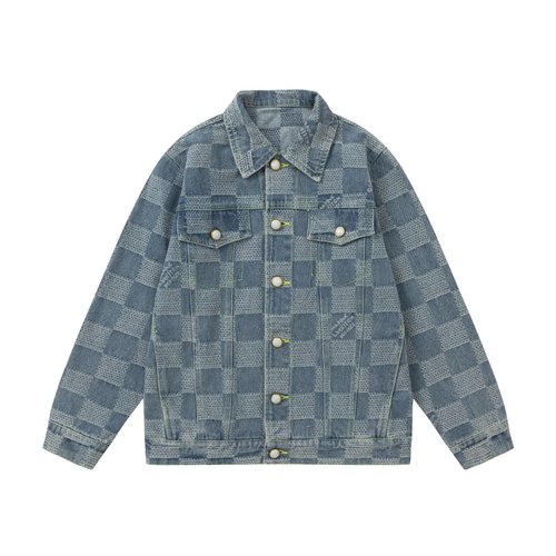 LV Kids Checkered Jacquard Denim Jacket with Pearl Buttons